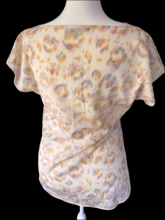 Ann Taylor Silk Blouse, Pastel Leopard Print, Short Sleeve - Picture 2 of 6